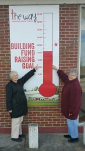 Fundraising co-chairs Judy Terrell (left) and Martha Davis indicate the building fund's progress.